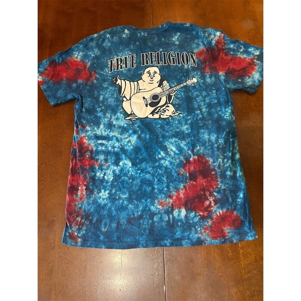 True Religion T-Shirt Mens L Blue Red Tie Dye World Tour Buddha Guitar